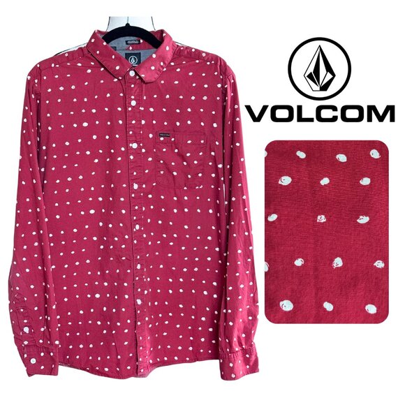 VOLCOM Modern Fit Red Polka Dot Long Sleeve Button-Up Shirt Skate Surfer Casual - Picture 1 of 13